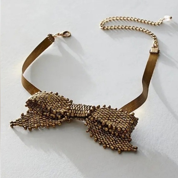 NWT Free people Backstage Pass Choker Gold Beaded Bow Necklace - Picture 1 of 4